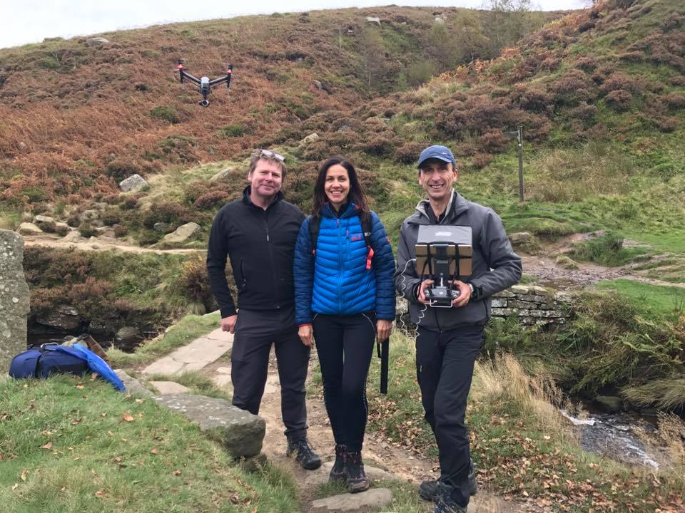 drone being flown next to Julia Bradbury and Nick Small