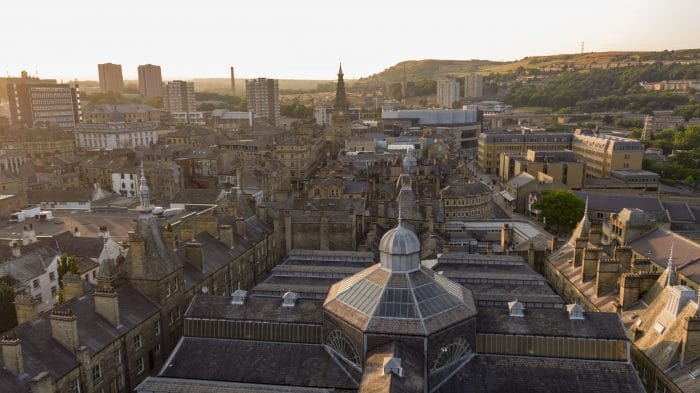 Drone photography of roof tops in Halifax at Dawn