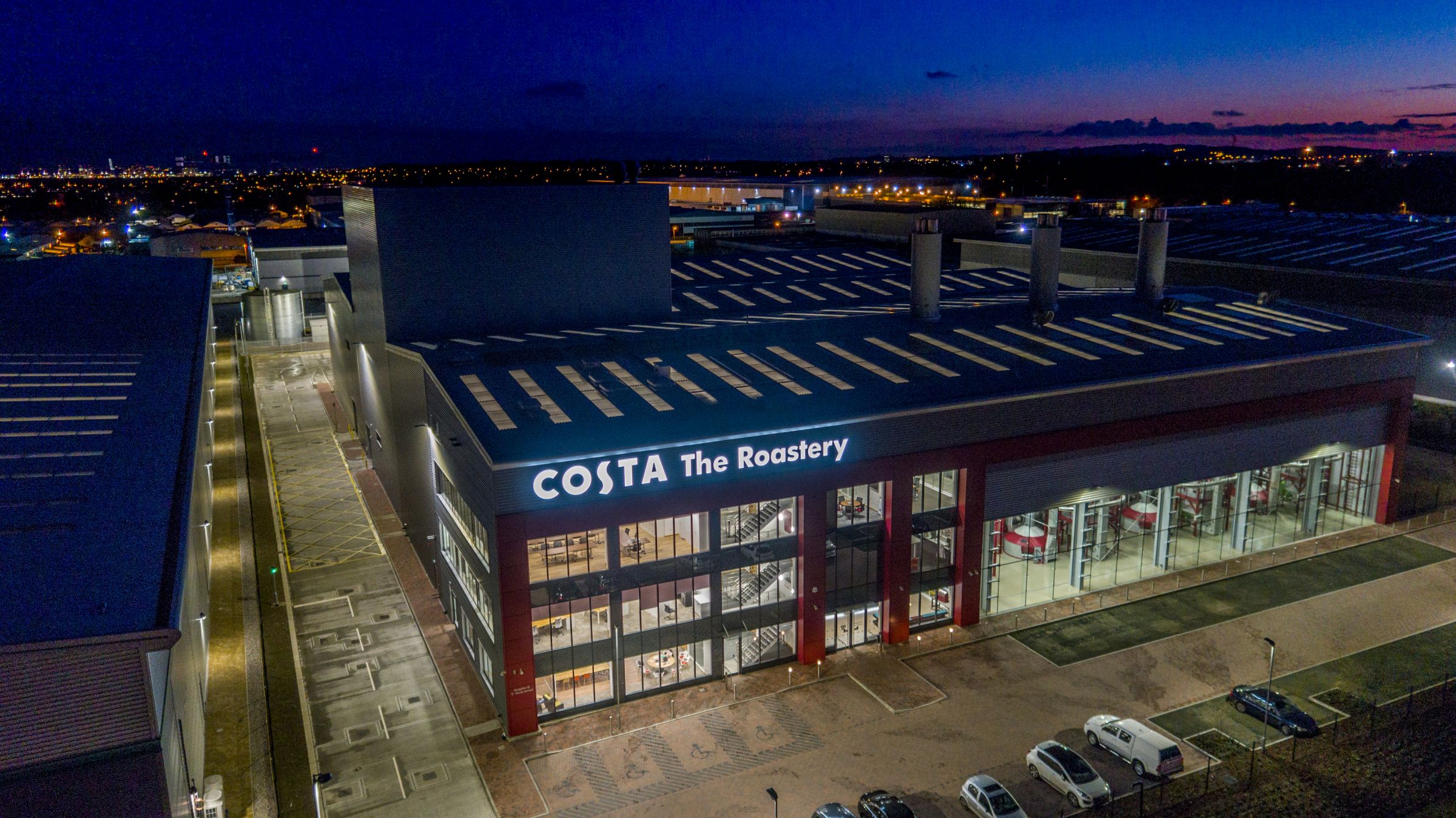 The Costa Coffee building filmed at sunset