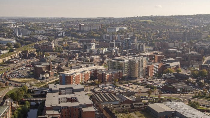 Sheffield City Sky Line. with sky scrapers and tall buildings old and new.