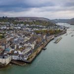 Drone image featuring Dartmouth Harbour. Fishing boats in the water