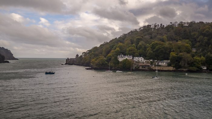Drone image featuring Dartmouth Harbour. Fishing boats in the water