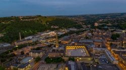 Halifax filmed by drone featuring the railway station and Piece hall