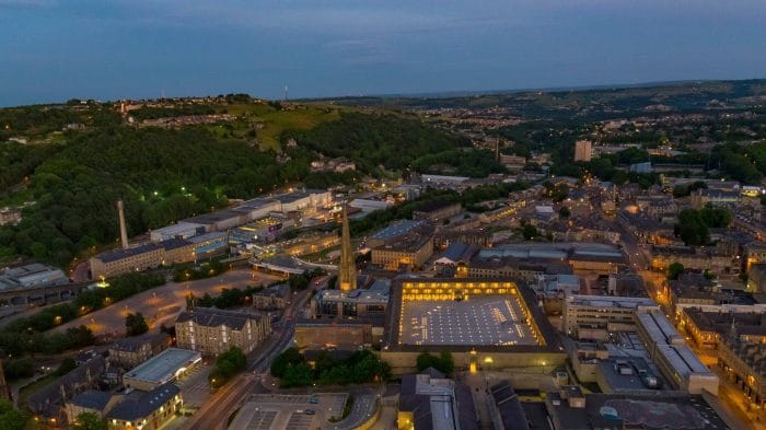 Halifax filmed by drone featuring the railway station and Piece hall