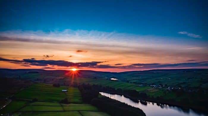 Sunset over Bronte Country, by drone with lake and water.