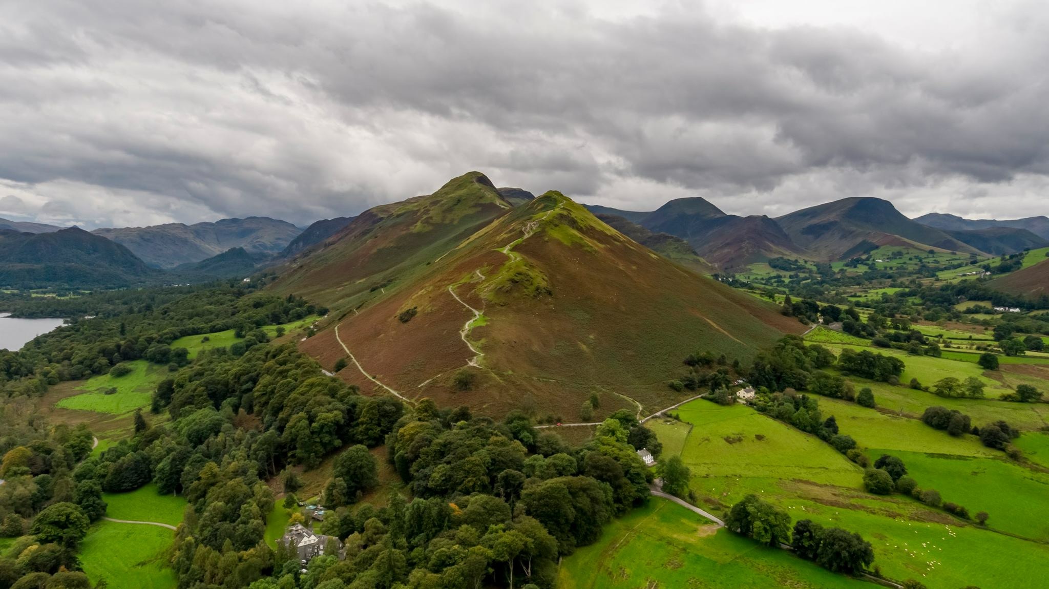 Aerial view of Catbells in the Lake District National Park, filmed by drone