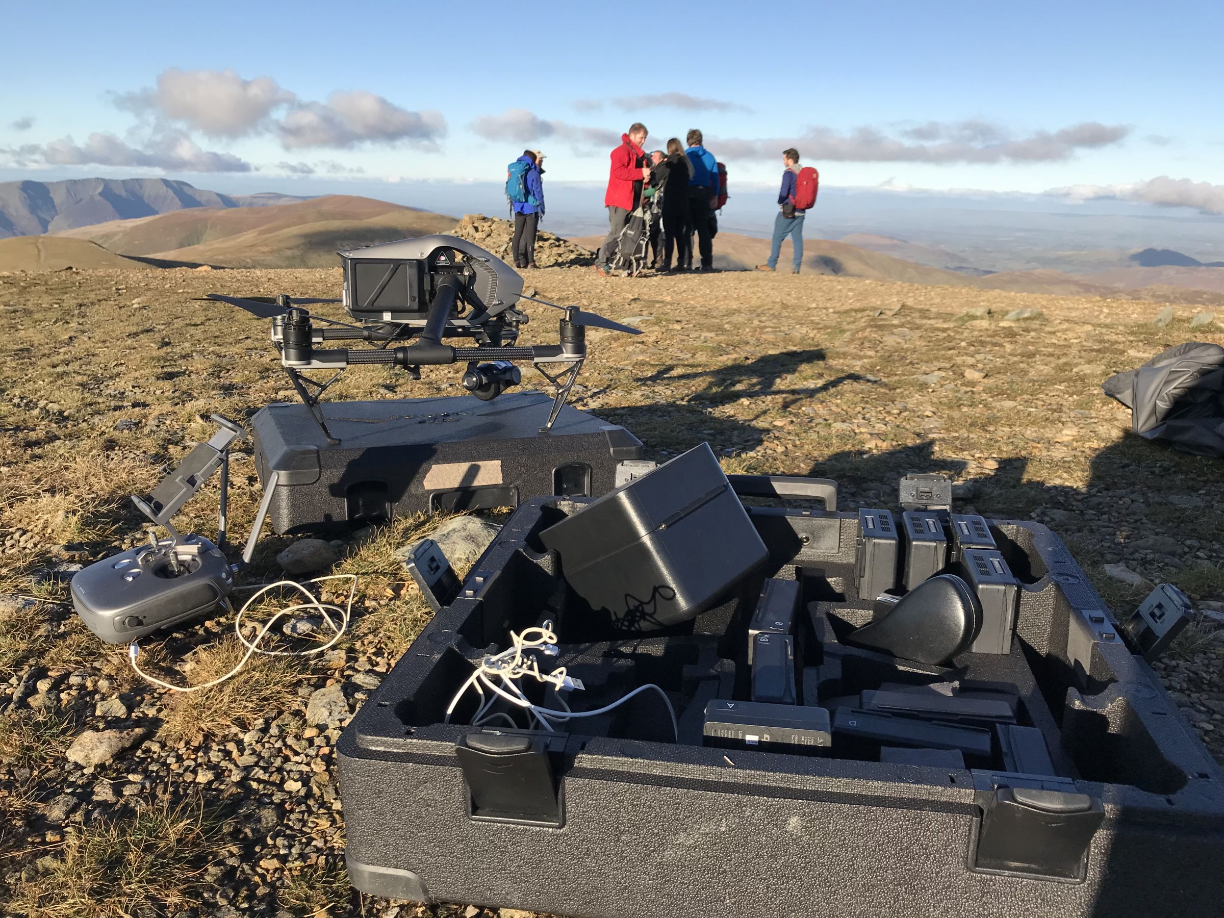 Drone and flight case on the summit of Helvellyn in the Lake District