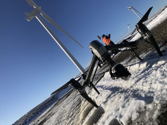DJI Inspire 2 Aircraft on a wind farm in the snow