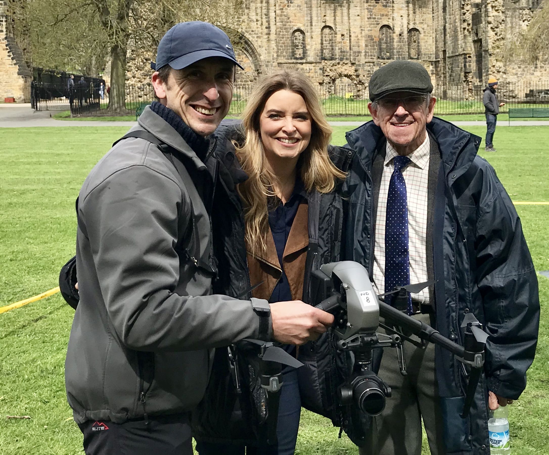 Emmerdale’s Emma Atkins and Dougie Brown with Phil Fearnley and the drone