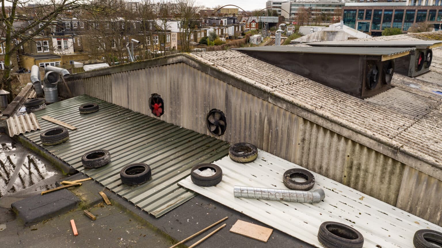 Close aerial view of a roof during a drone inspection