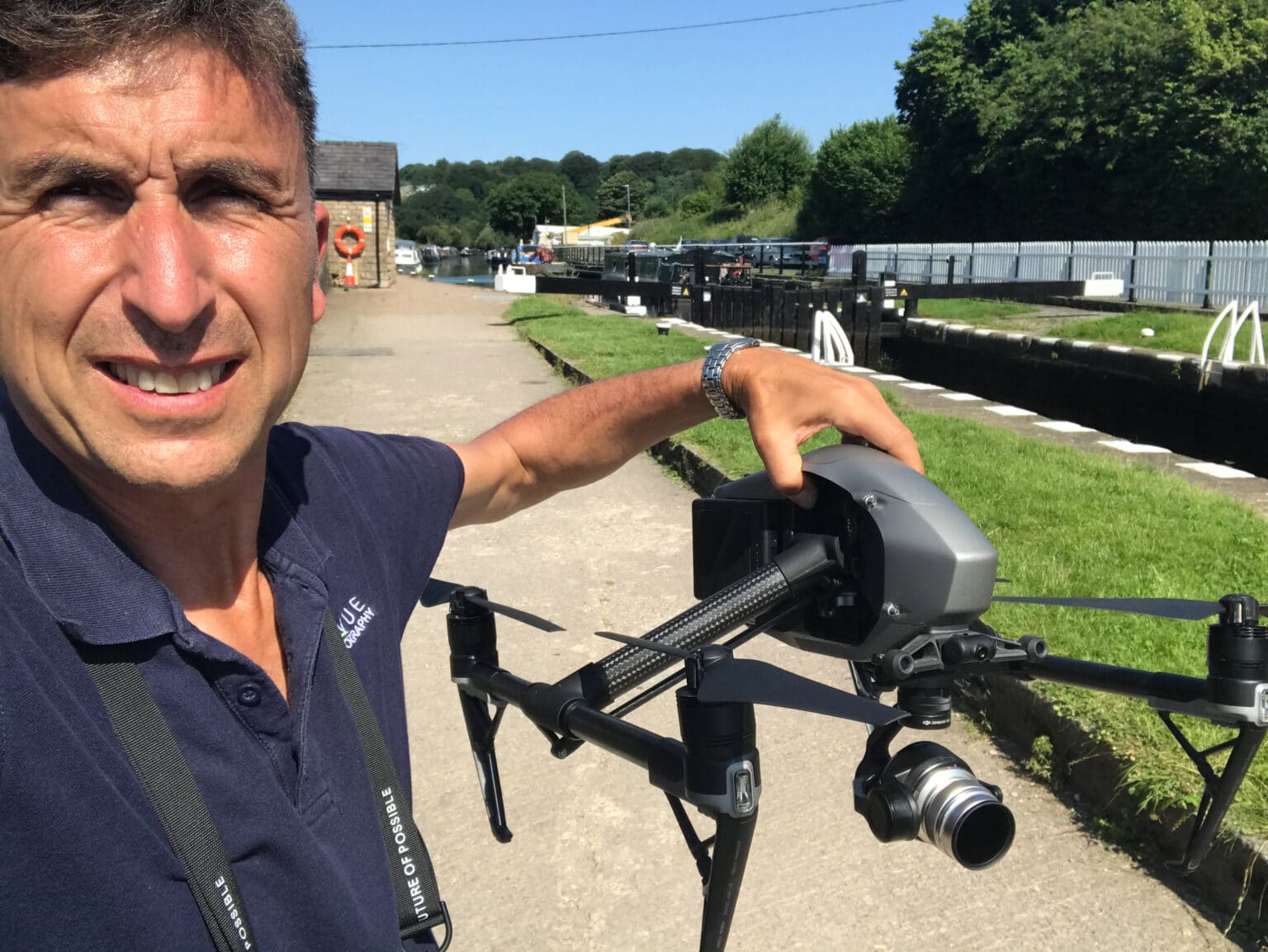Phil Fearnley with drone on location filming Canal Boat Diaries