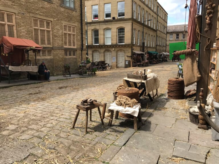 Drone filming on period street sets for Gentleman Jack in Yorkshire