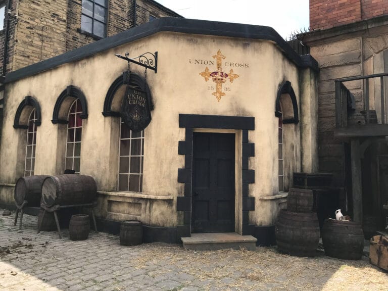 Drone filming on period street sets for Gentleman Jack in Yorkshire