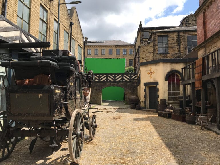 Drone filming on period street sets for Gentleman Jack in Yorkshire