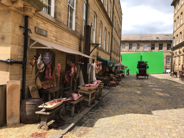 Drone filming on period street sets for Gentleman Jack in Yorkshire