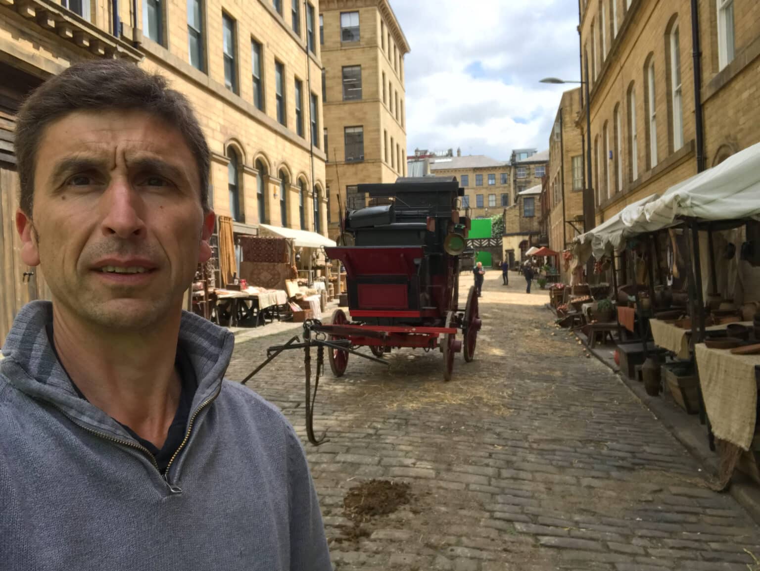 Drone filming on period street sets for Gentleman Jack in Yorkshire