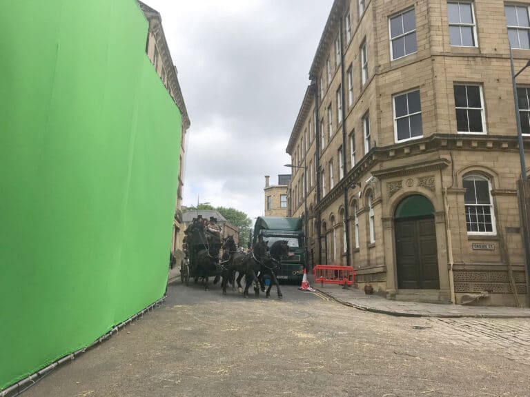 Drone filming on period street sets for Gentleman Jack in Yorkshire
