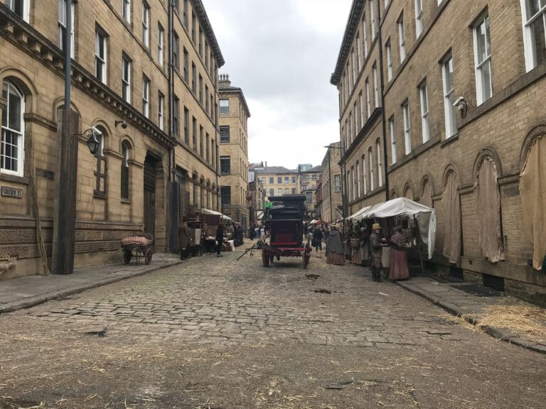 Drone filming on period street sets for Gentleman Jack in Yorkshire