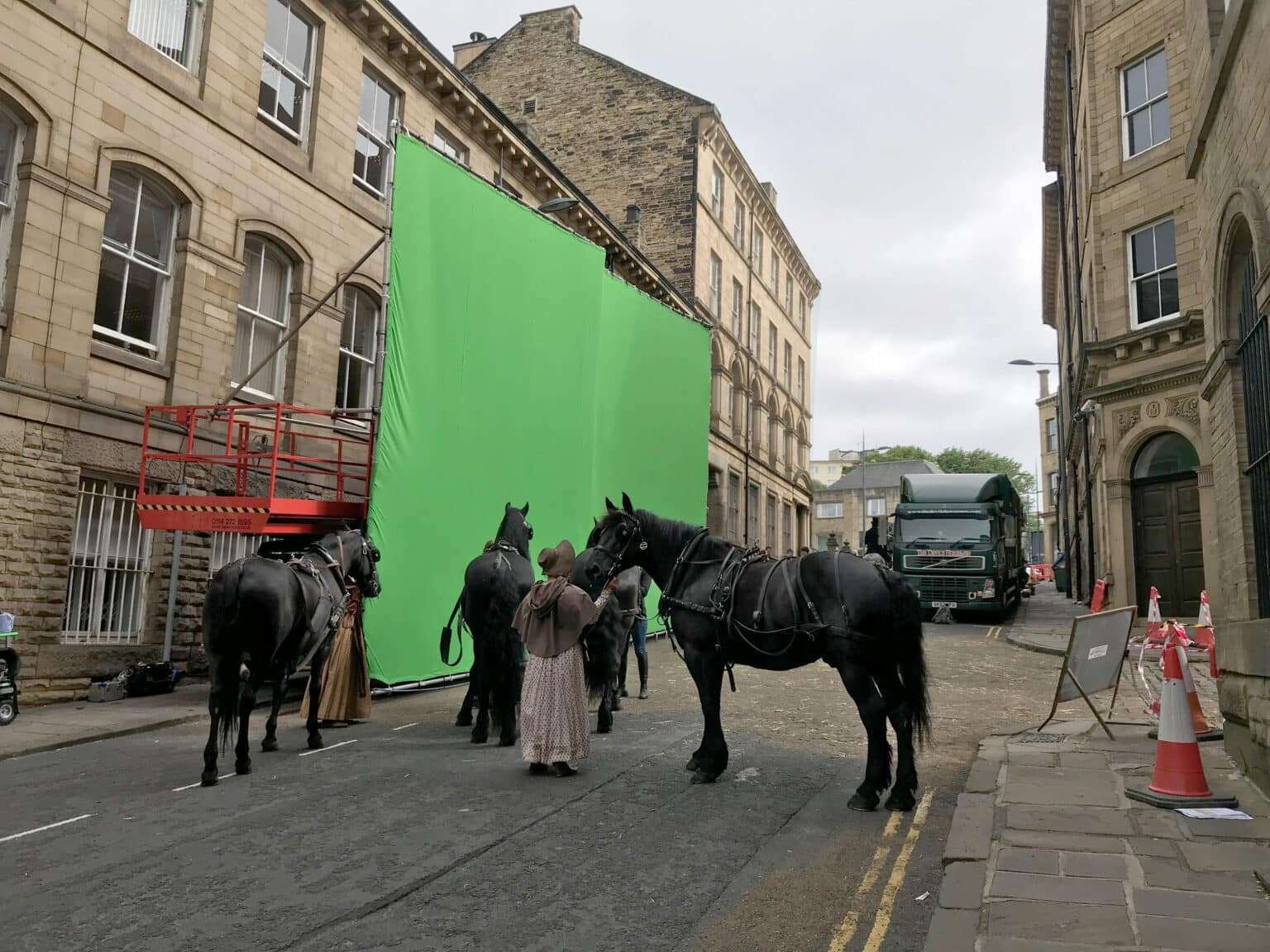 Drone filming on period street sets for Gentleman Jack in Yorkshire
