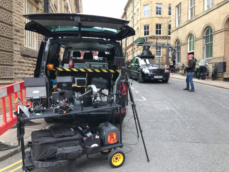 Drone filming on period street sets for Gentleman Jack in Yorkshire