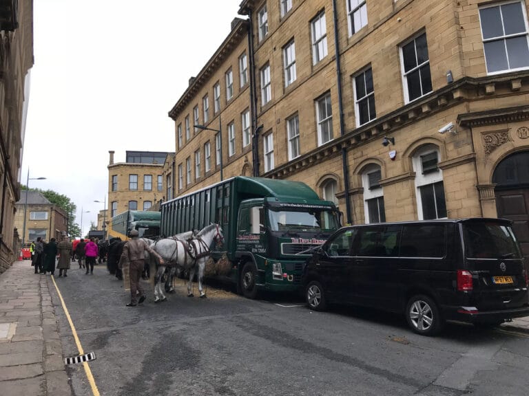 Drone filming on period street sets for Gentleman Jack in Yorkshire