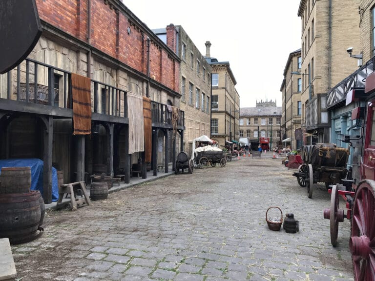 Drone filming on period street sets for Gentleman Jack in Yorkshire