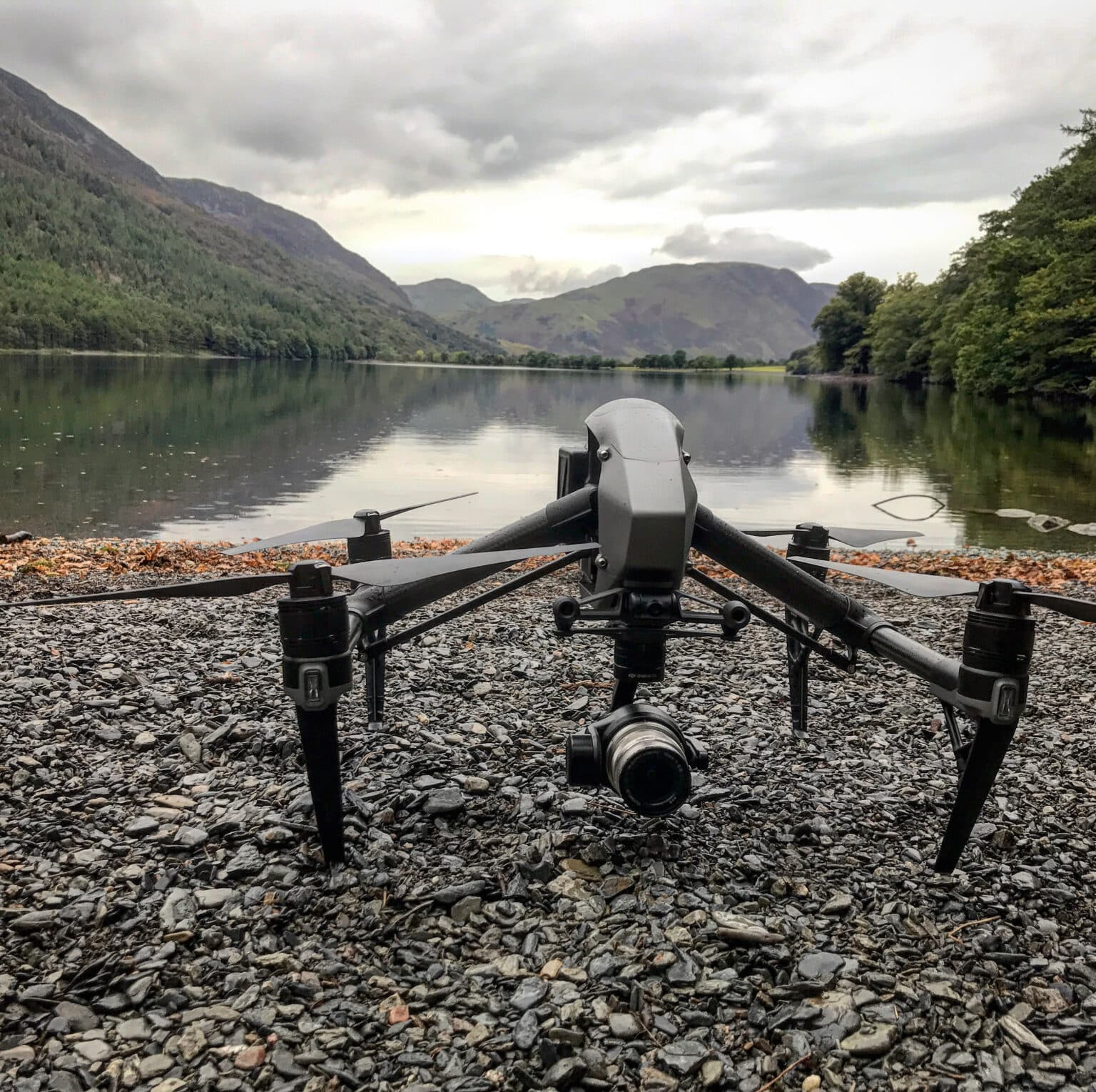 DJI Inspire 2 drone on a lake shore in the Lake District