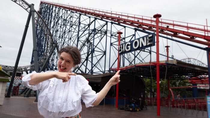 Rosie Jones Rides the Big One Roller Coaster Ride in Blackpool