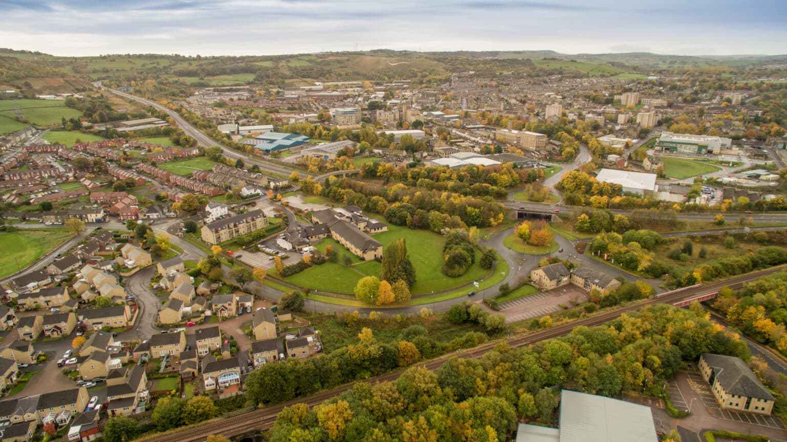 Aerial view of houses and gardens in Elland, Calderdale, West Yorkshire
