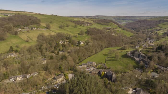 Craig Vale aerial view with hills, houses and church