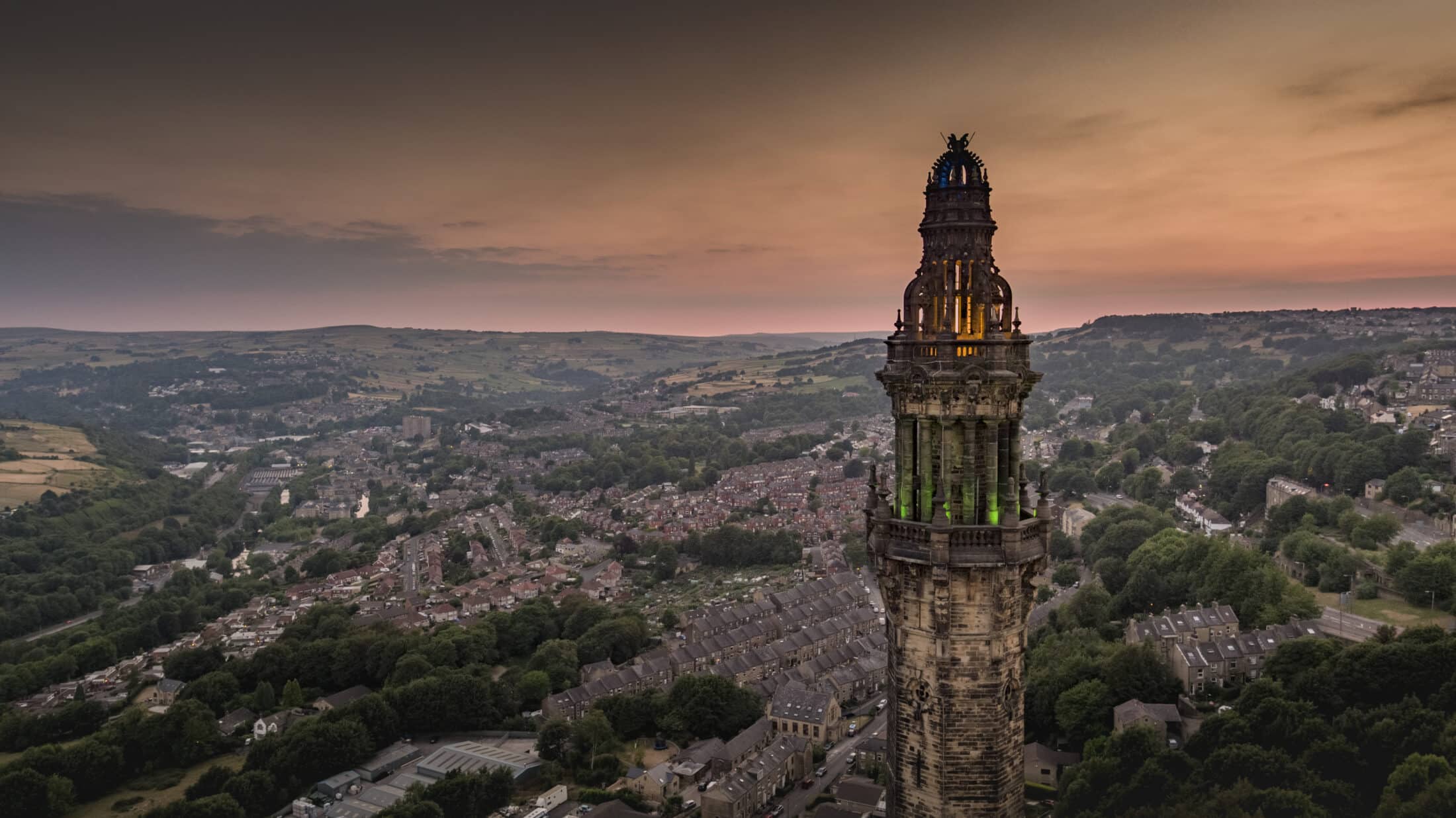 Aerial view of Wainhouse Tower in Halifax, featured in Happy Valley