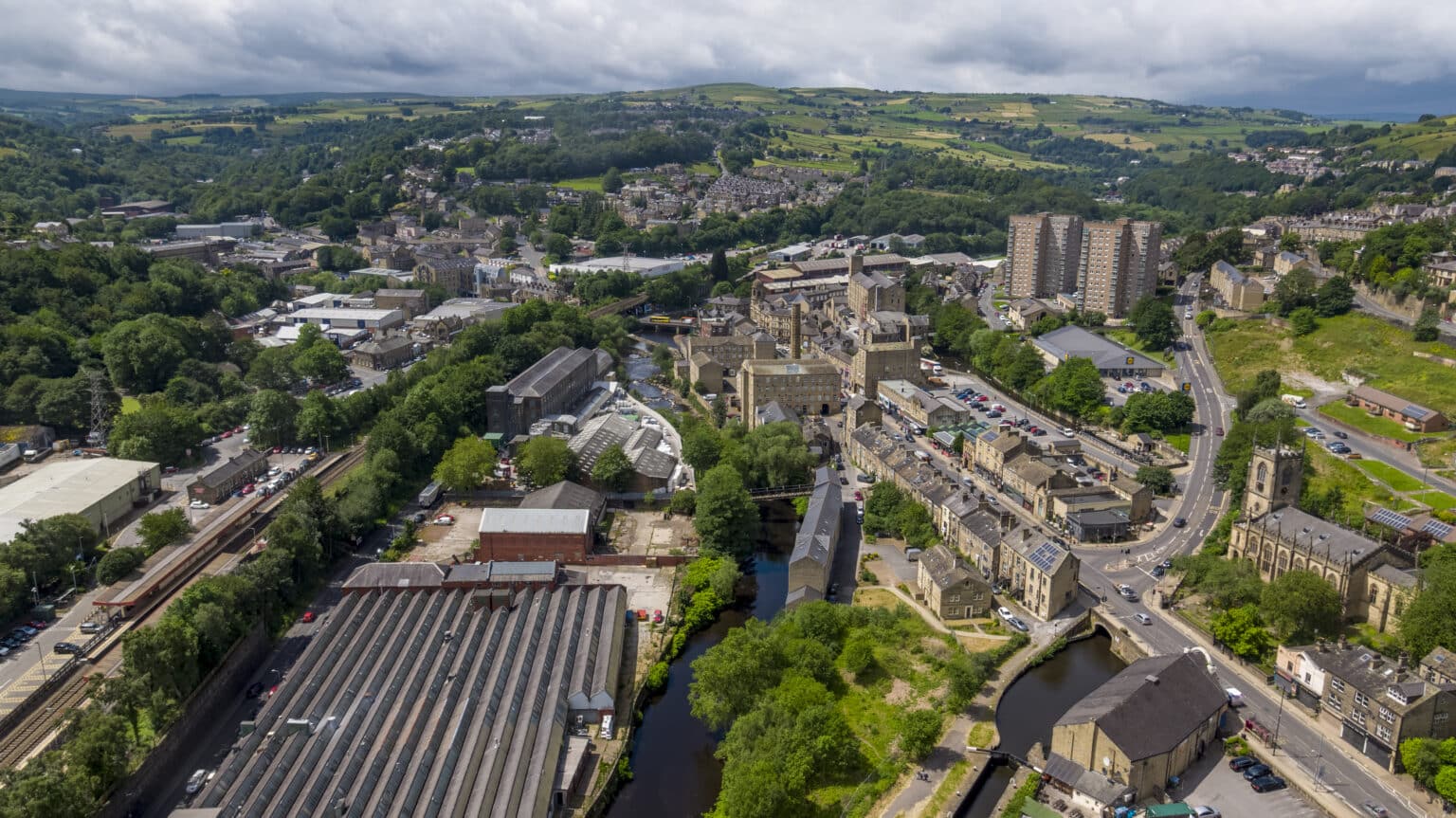 Sowerby Bridge, Calderdale, from the air, filmed by Halo Vue
