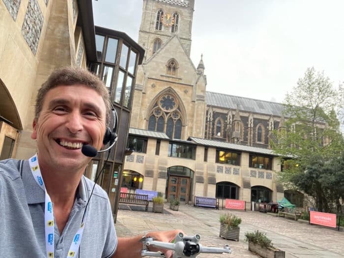 Phil Fearnley at Southwark Cathedral filming Digging for treasure live