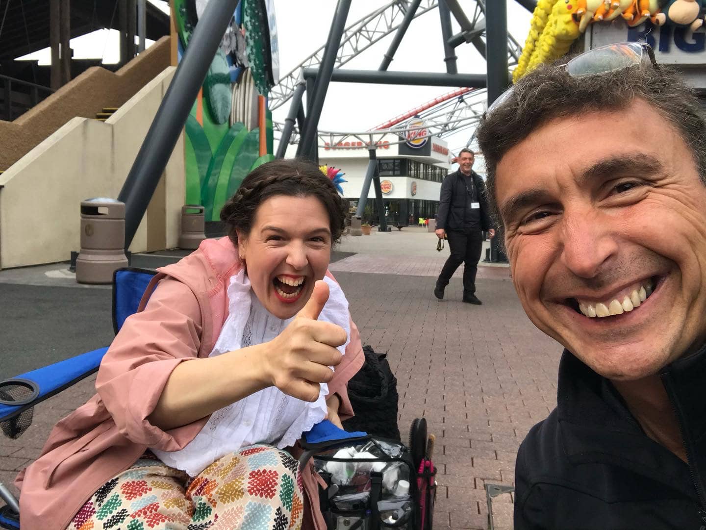 Phil Fearnley and Rosie Jones at Blackpool Pleasure Beach during Trip Hazard filming