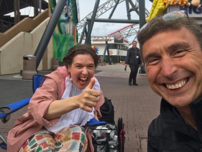 Phil Fearnley and Rosie Jones in Blackpool filming Trip Hazard