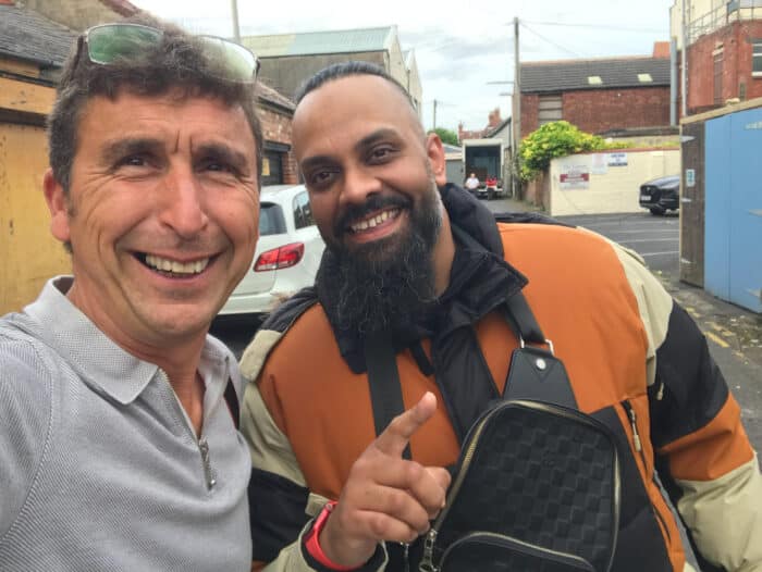 Phil Fearnley and Guz Khan on the set of Rosie Jones Trip Hazard