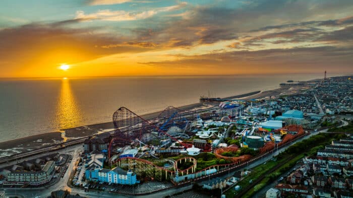 Blackpool Pleasure Beach at sunset filmed whist on Rosie Jones Trip Hazard