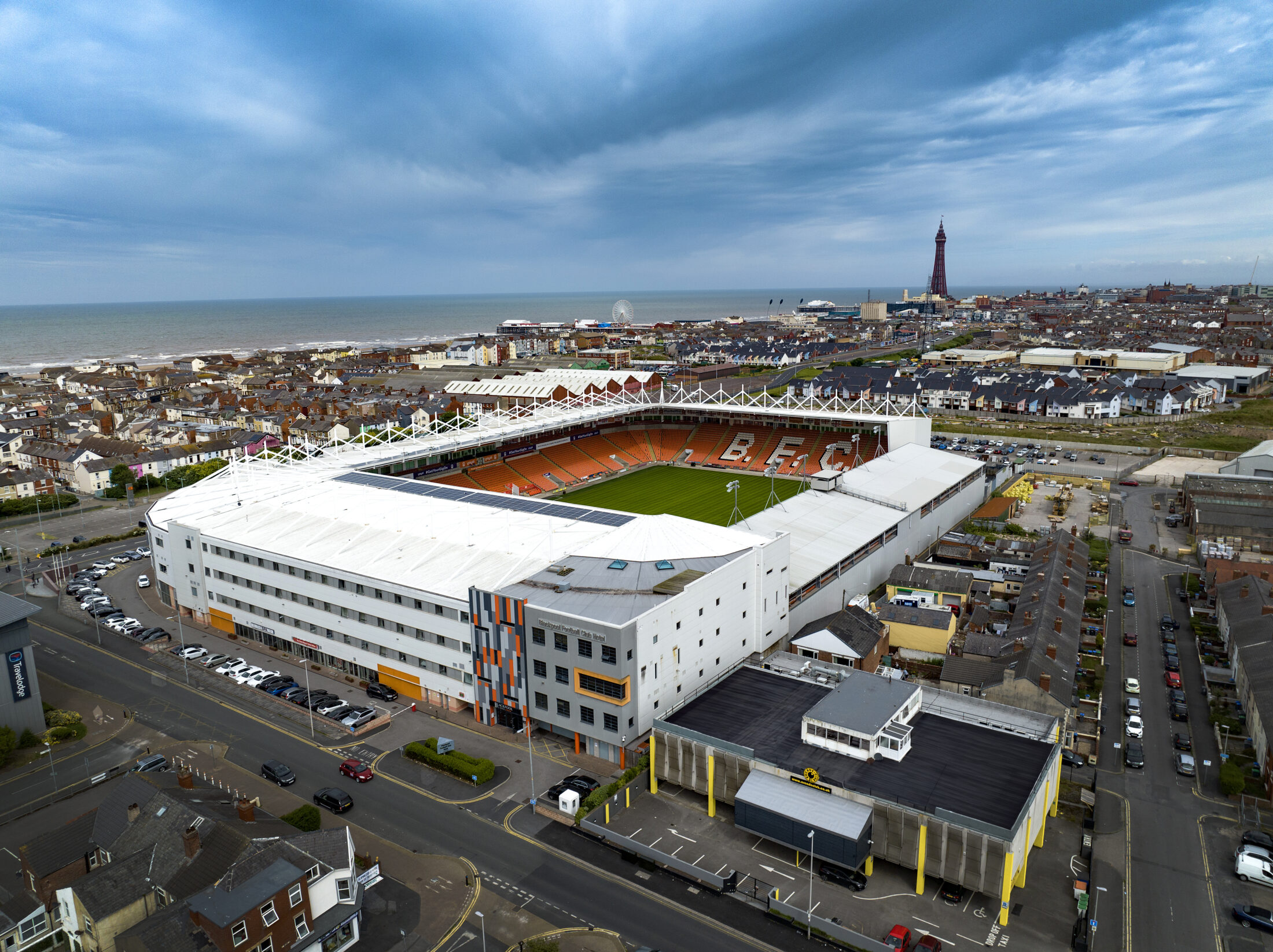 Aerial view of Blackpool Football Club, filmed by drone