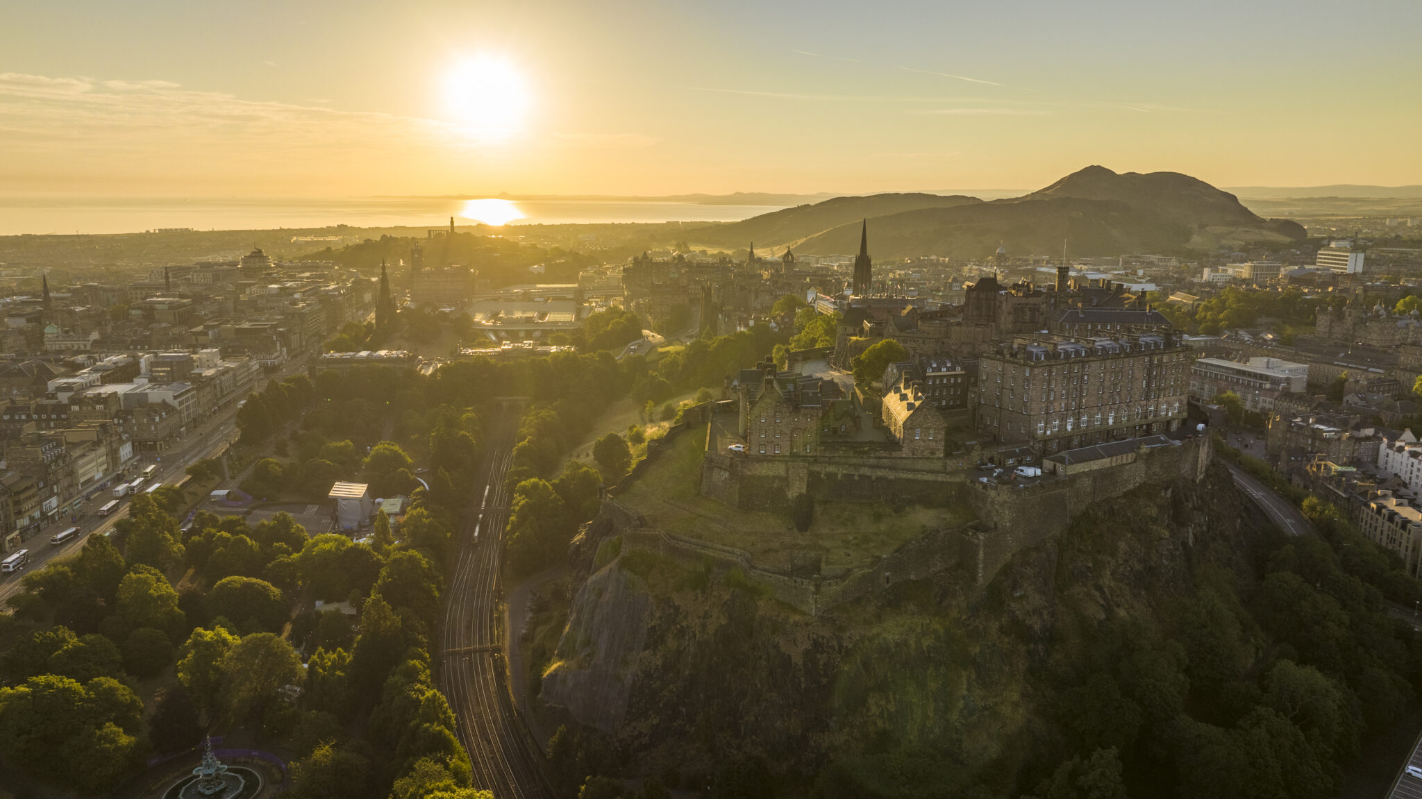 Edinburgh Castle and the city at daybreak, from the air