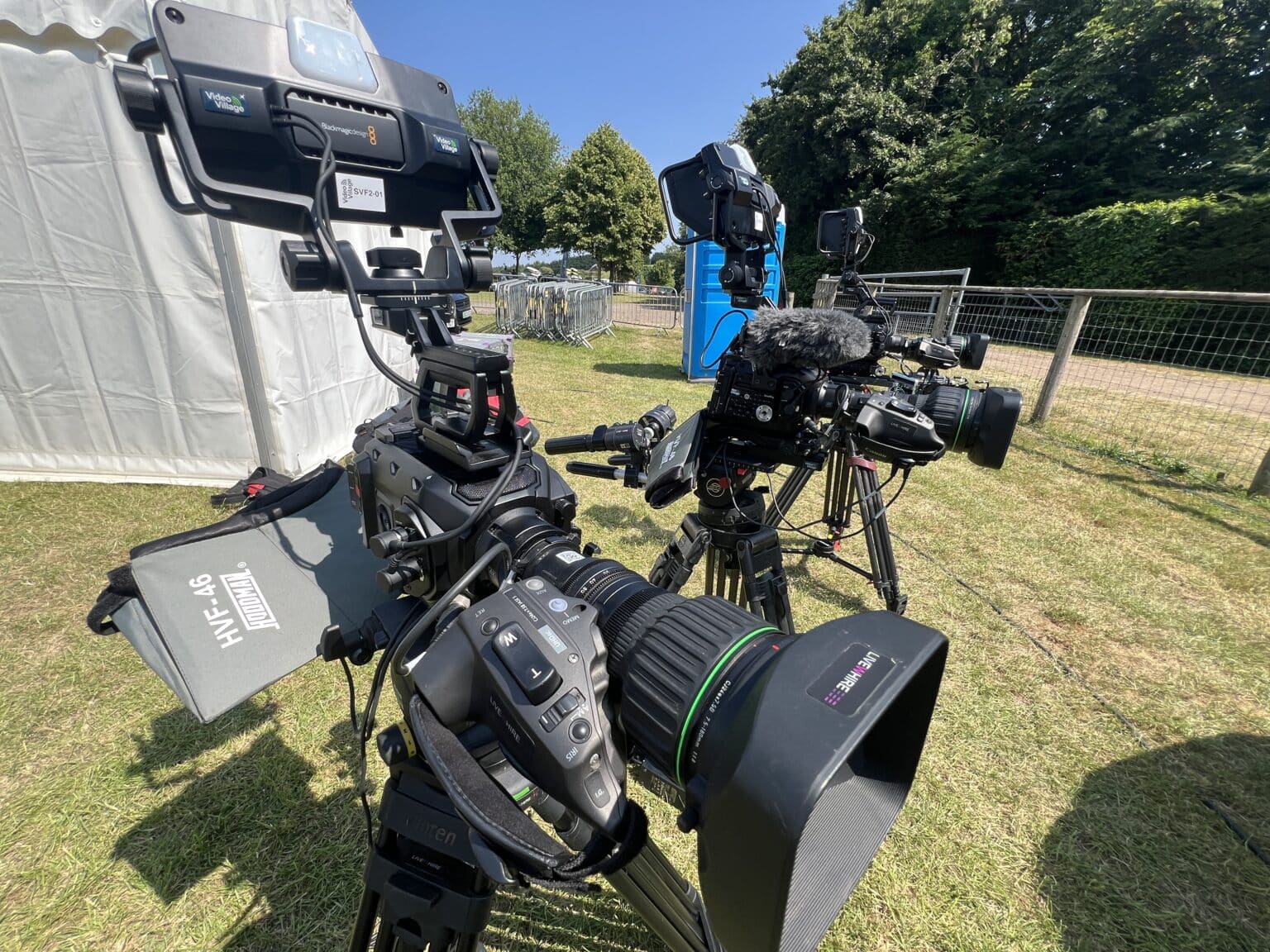 A broadcast camera set up by the river
