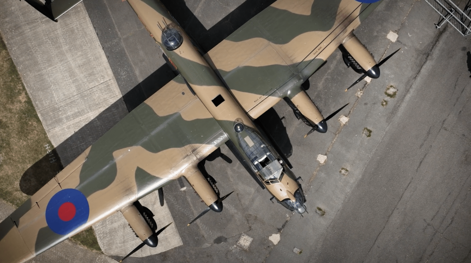 Top-down aerial view of the Lancaster bomber Just Jane