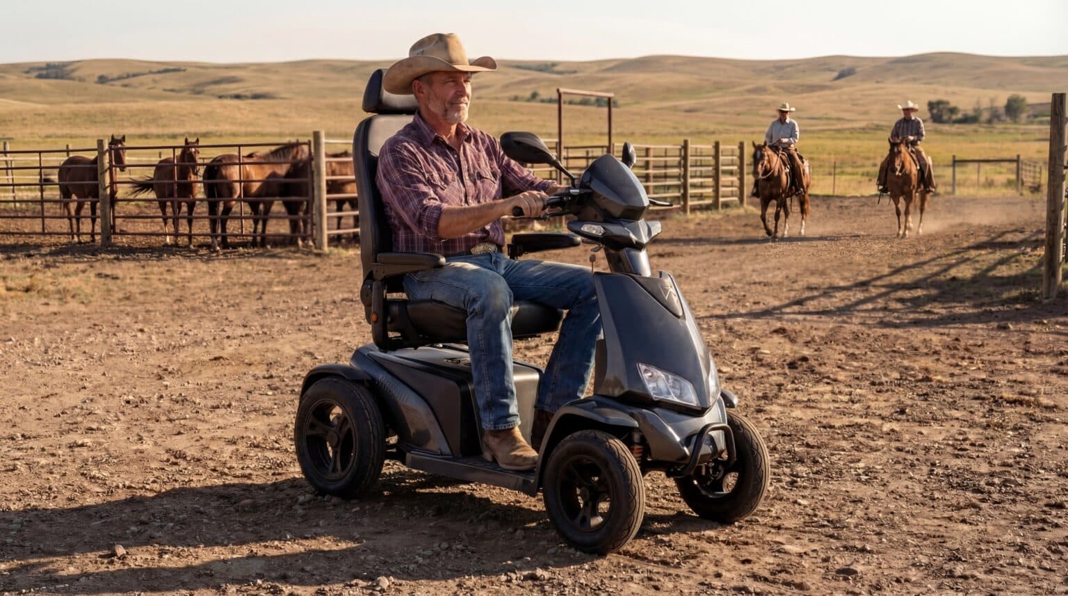 AI-created rider on a Monarch Mobility scooter on a Texas ranch
