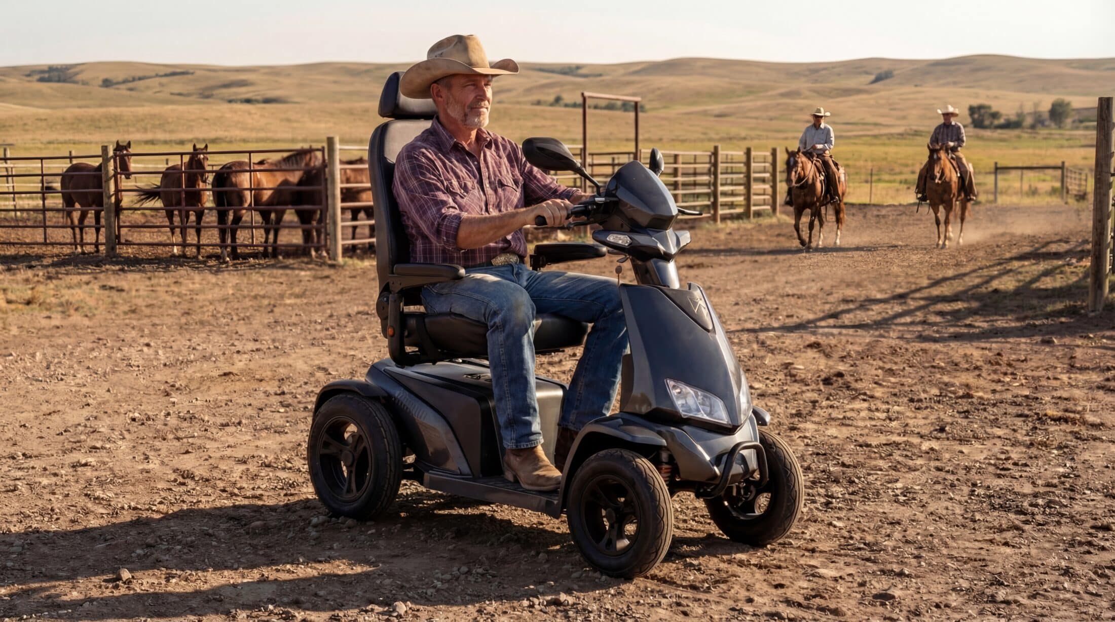 AI generated character riding Monarch Mobility scooter on Texas ranch