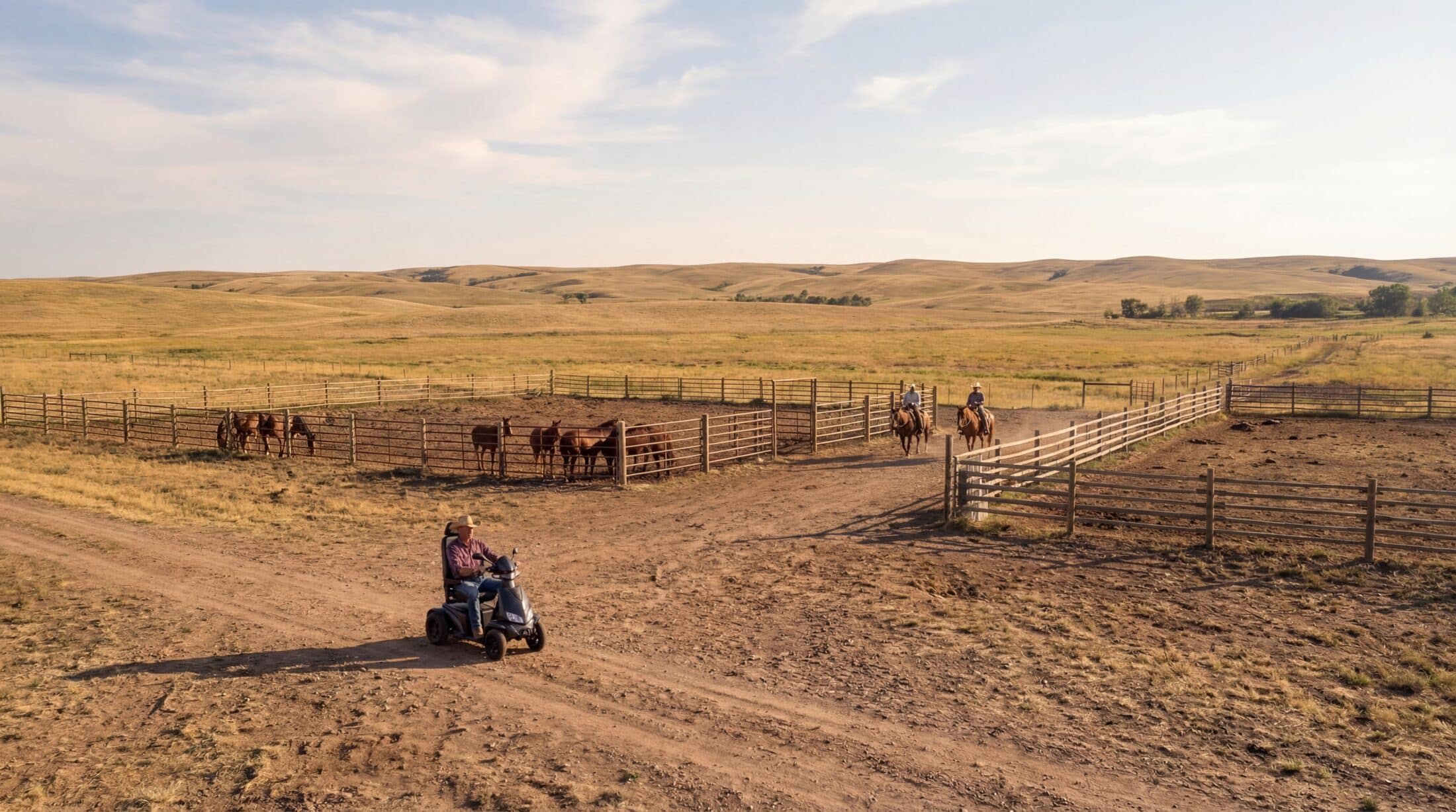 Wide Texas ranch scene featuring Monarch Mobility scooter