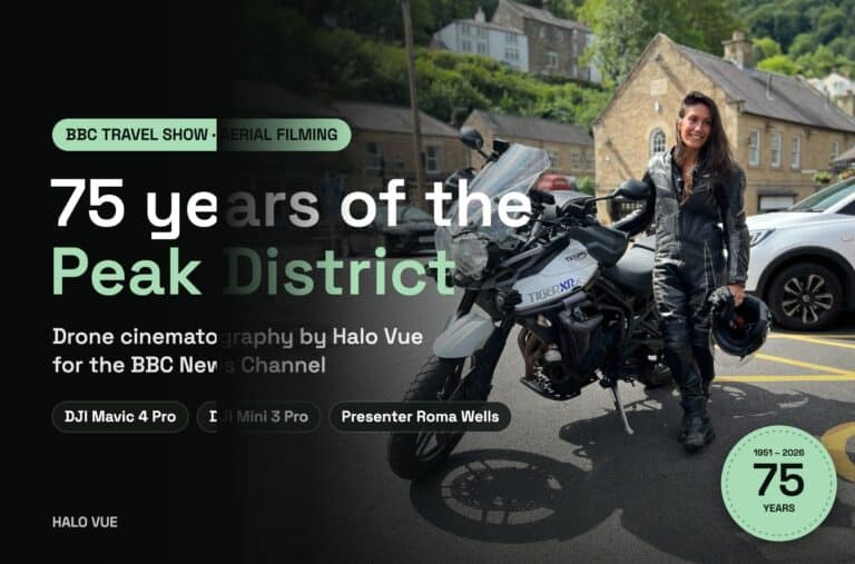 BBC Travel Show – 75 years of the Peak District, drone cinematography by Halo Vue, presenter Roma Wells with her motorbike