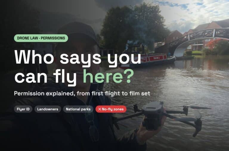Drone pilot holding a drone beside a canal, with the caption Who says you can fly here?