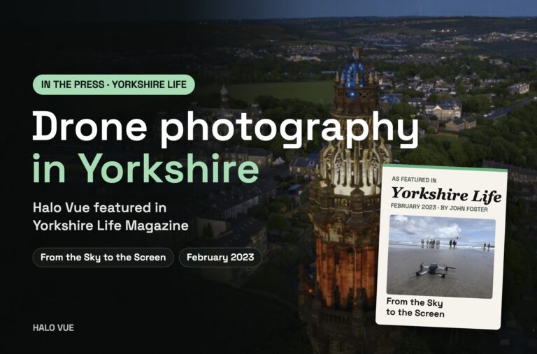 Drone photography in Yorkshire – Halo Vue featured in Yorkshire Life Magazine, aerial view of a floodlit tower at dusk