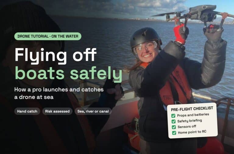 Flying off boats safely thumbnail: a crew member catching a drone on a boat, with a pre-flight checklist graphic