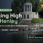 Flying High at Henley thumbnail: a crew passing Temple Island with a LIVE broadcast graphic