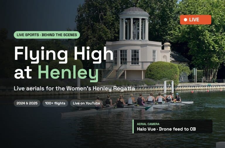 Flying High at Henley thumbnail: a crew passing Temple Island with a LIVE broadcast graphic